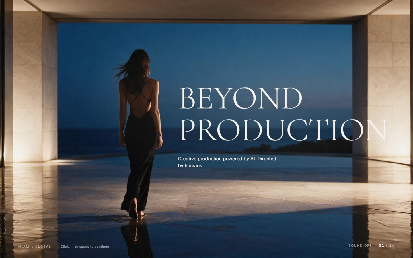 Beyond Production — an interactive pitch deck: a woman seen from behind walking into a stone pavilion at twilight, beside the words BEYOND PRODUCTION.