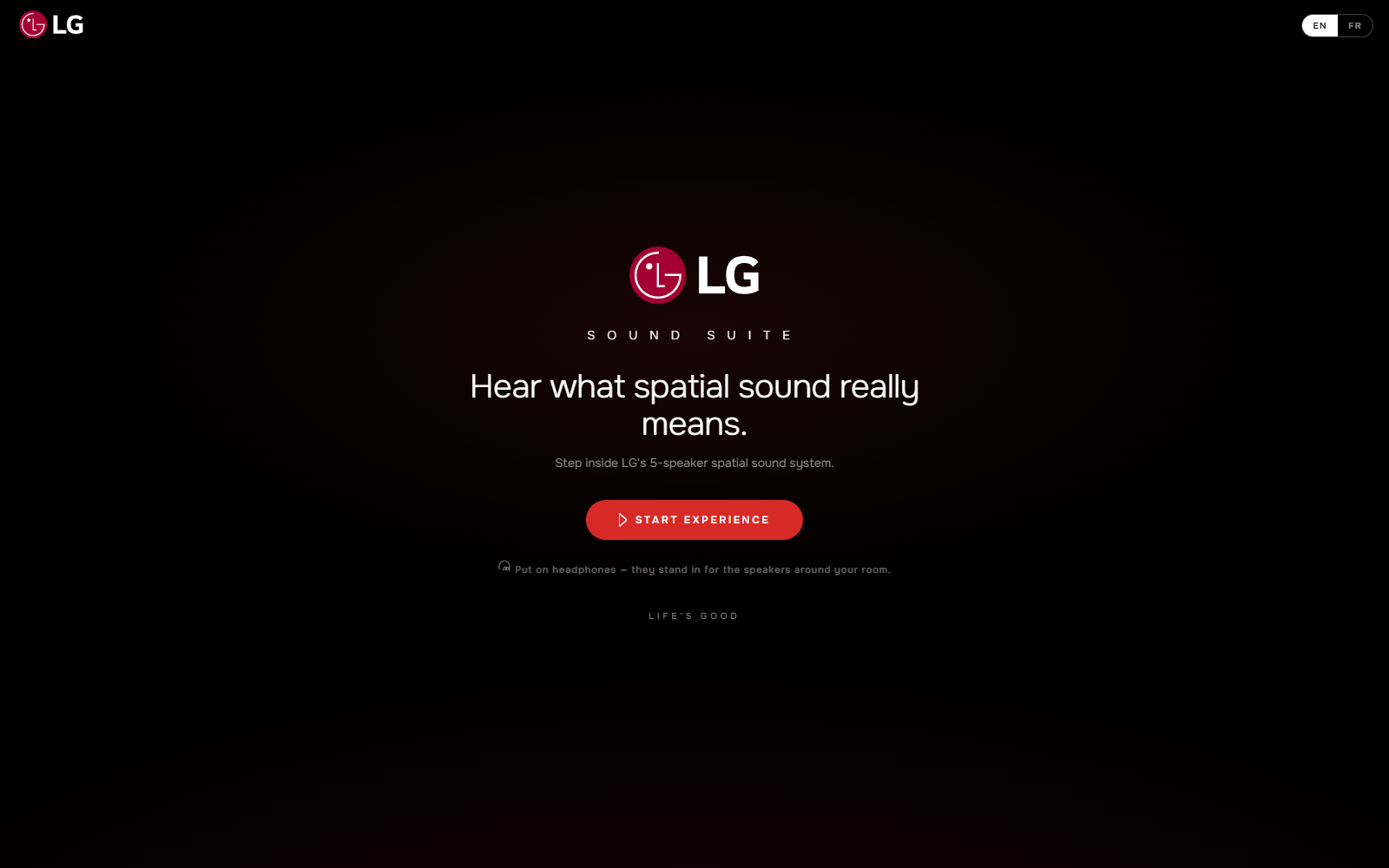 Entry screen of the LG Sound Suite interactive demonstration: 'Hear what spatial sound really means' on a dark stage.