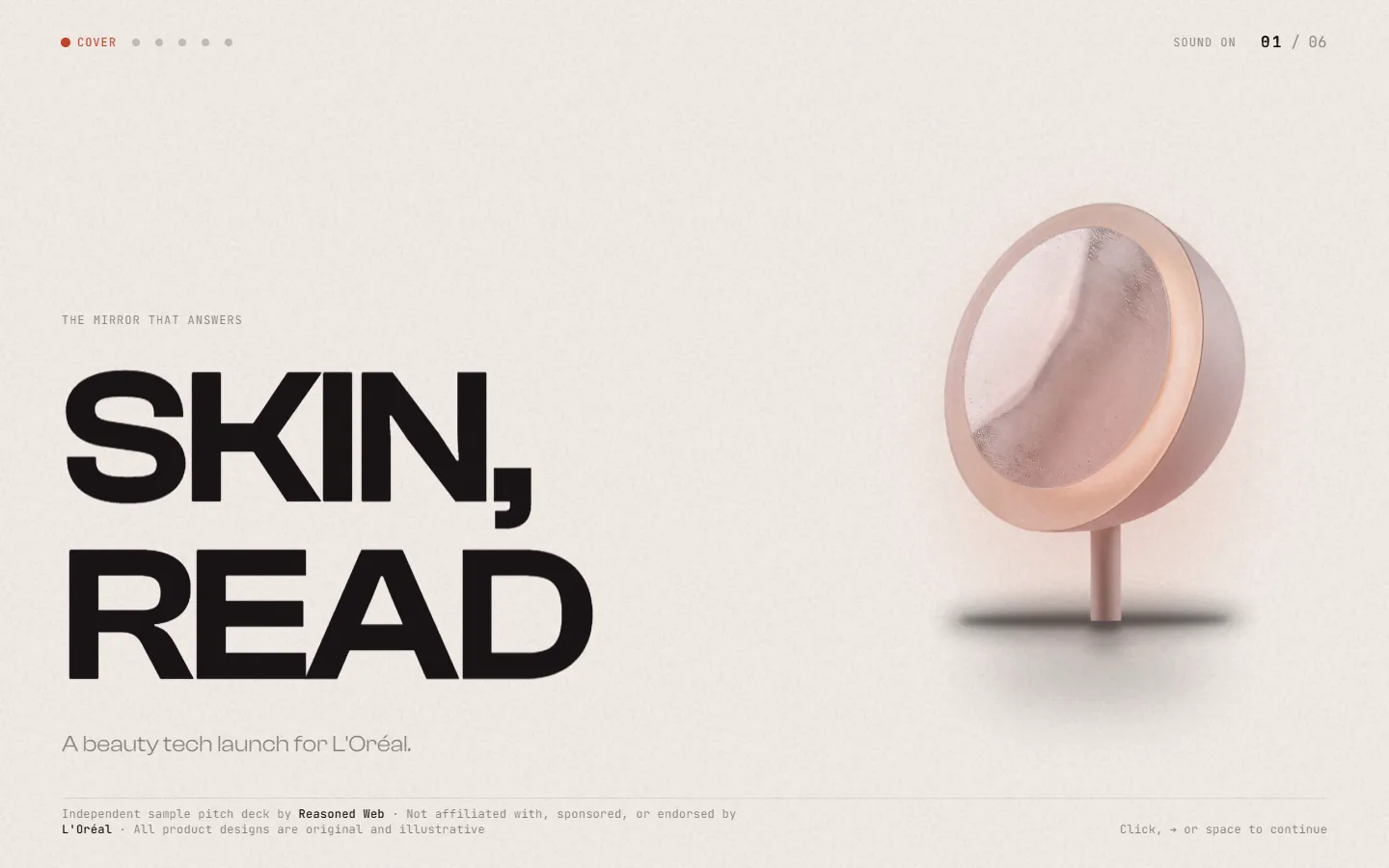 Skin, Read — a sample pitch deck: a rose-gold hand mirror standing on a pale ground beside the words SKIN, READ.