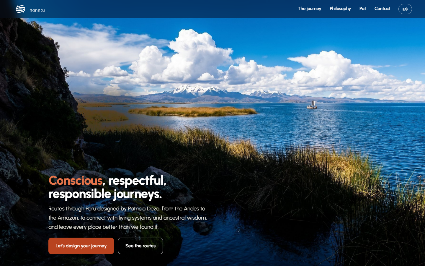 Nanntu site draft: Lake Titicaca landscape under 'Conscious, respectful, responsible journeys.'