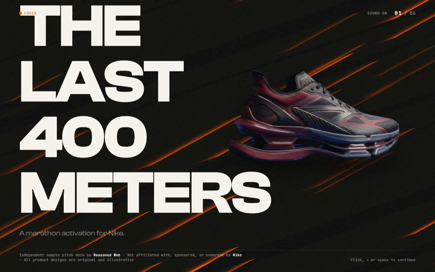 The Last 400 Meters — a sample pitch deck: a running shoe cutting through orange speed streaks on a dark field.