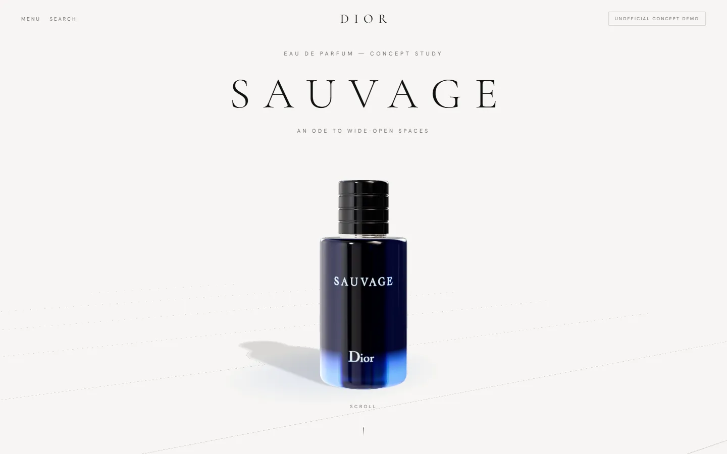 Sauvage concept study: the blue bottle rendered live in 3D under the title 'SAUVAGE'.