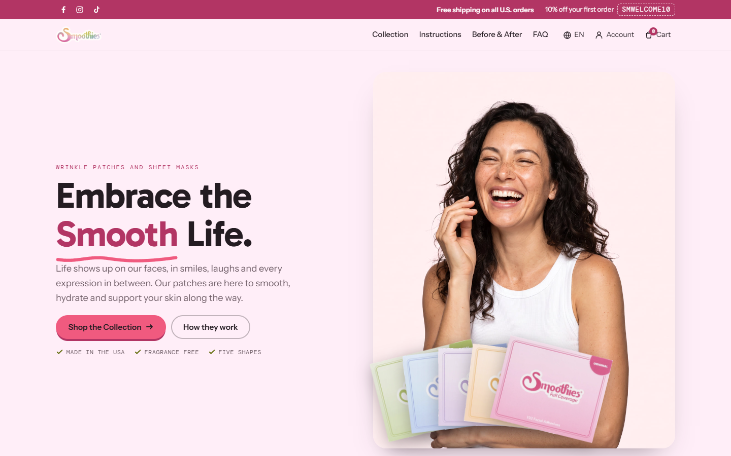 Smoothies skincare concept: 'Embrace the Smooth Life' with the five product cartons.