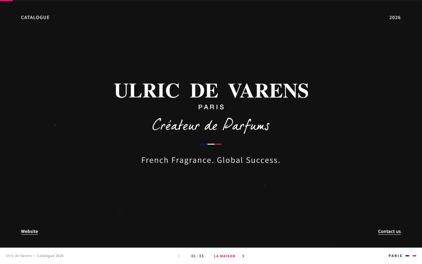 Ulric de Varens Catalogue 2026 — opening board: French Fragrance. Global Success.
