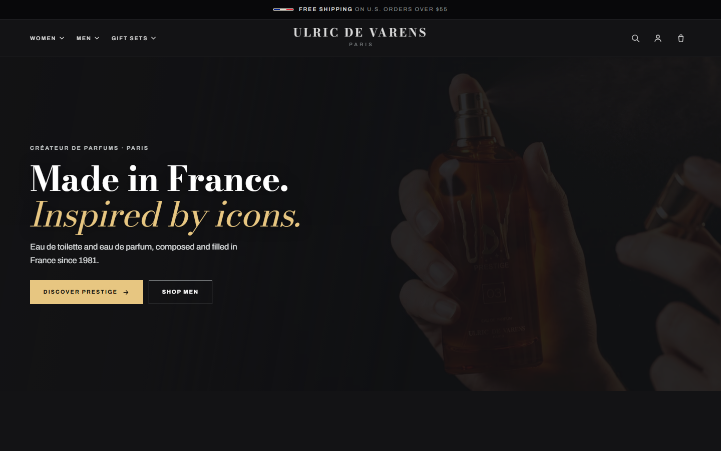 Ulric de Varens US storefront concept: 'Made in France. Inspired by icons.' over dark perfume photography.