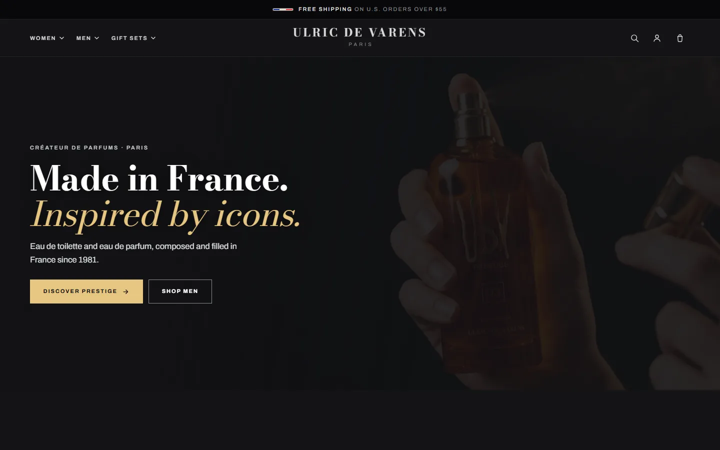 Ulric de Varens US storefront concept: 'Made in France. Inspired by icons.' over dark perfume photography.