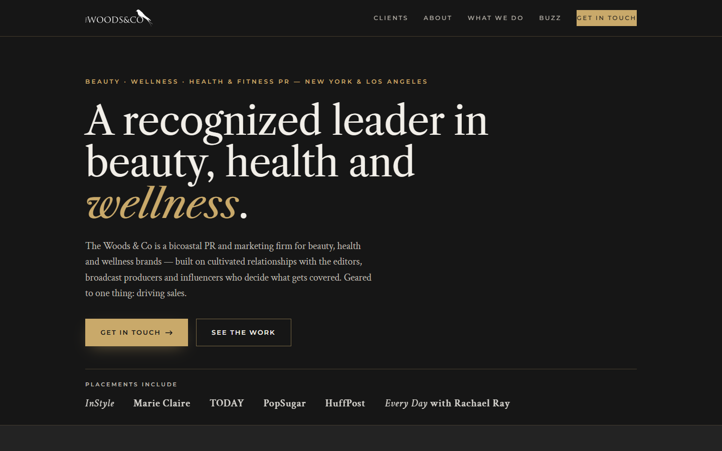 The Woods & Co PR firm concept: dark editorial hero reading 'A recognized leader in beauty, health and wellness.'