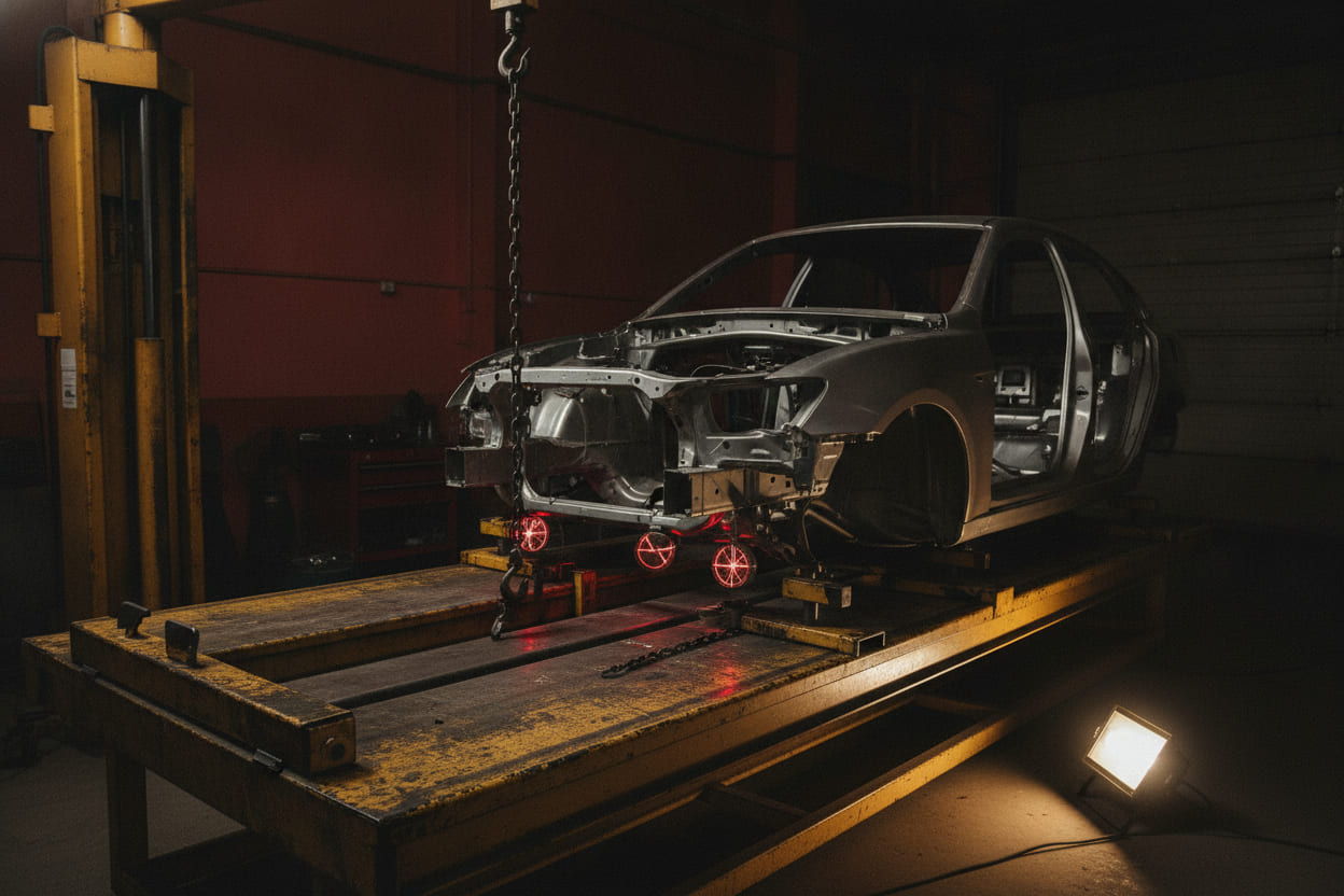 A stripped sedan shell clamped by its pinch welds onto a scarred safety-yellow straightening bench, a hydraulic pulling tower at the left and three laser targets glowing red beneath the floorpan.