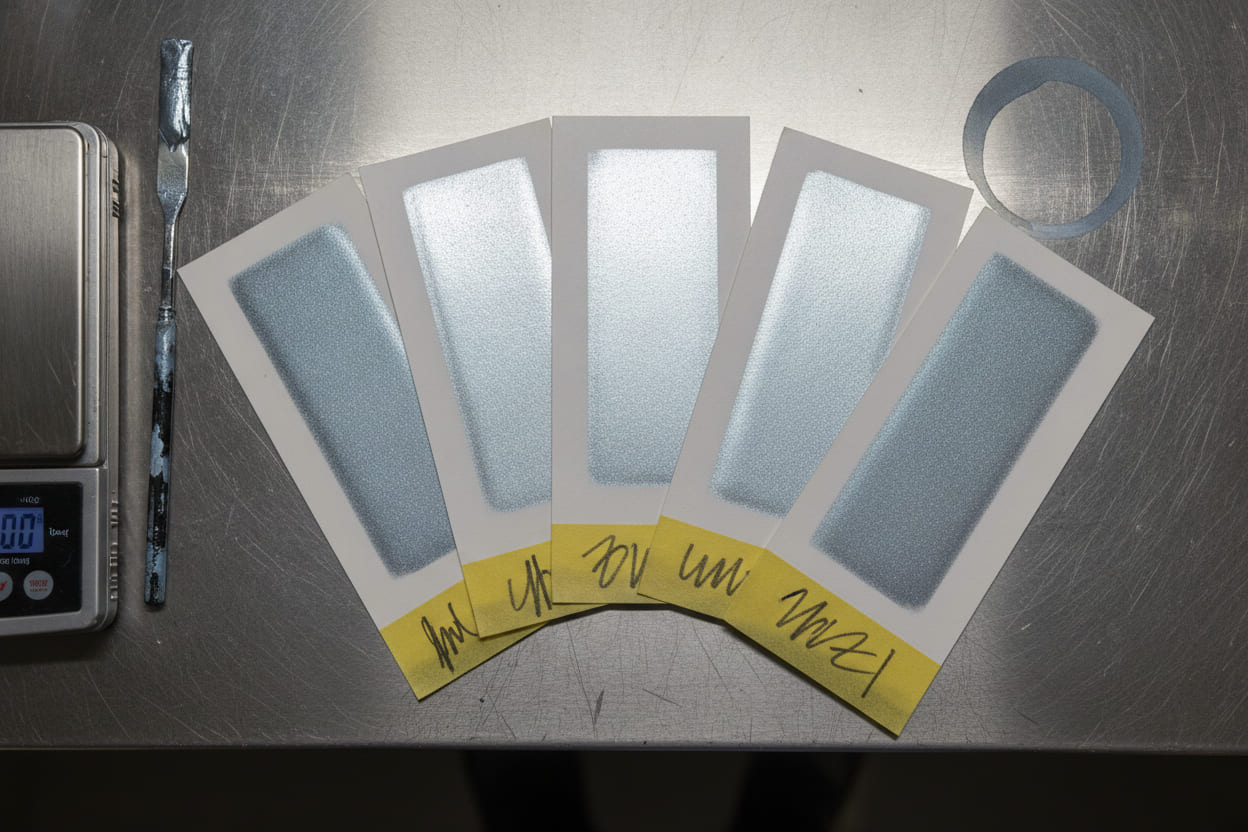 Five sprayed test cards fanned across a stainless mixing bench, each a slightly different silver-blue, each taped along its lower edge with yellow masking tape and marked in grease pencil, beside a digital scale and a paint-covered stir stick.