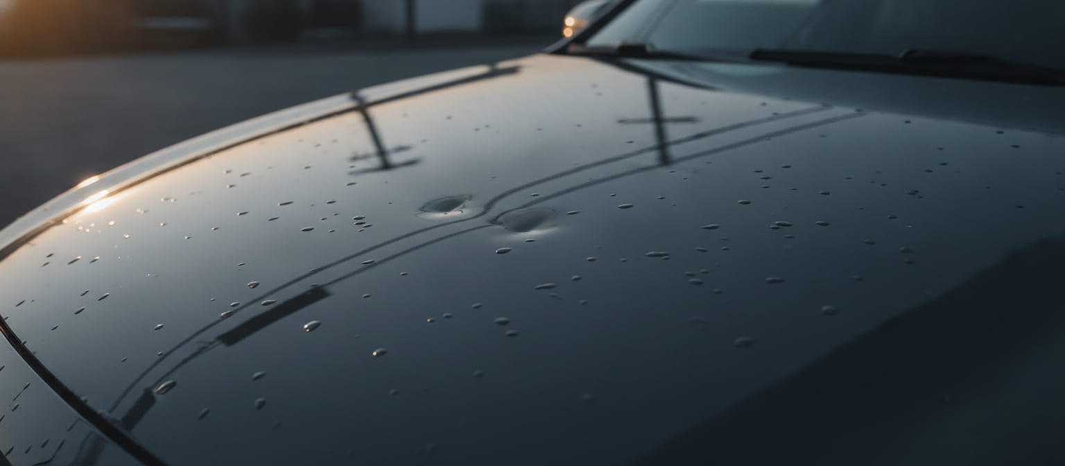 Raking light across the wet hood of a dark sedan, showing two shallow hail dents in the sheet metal.