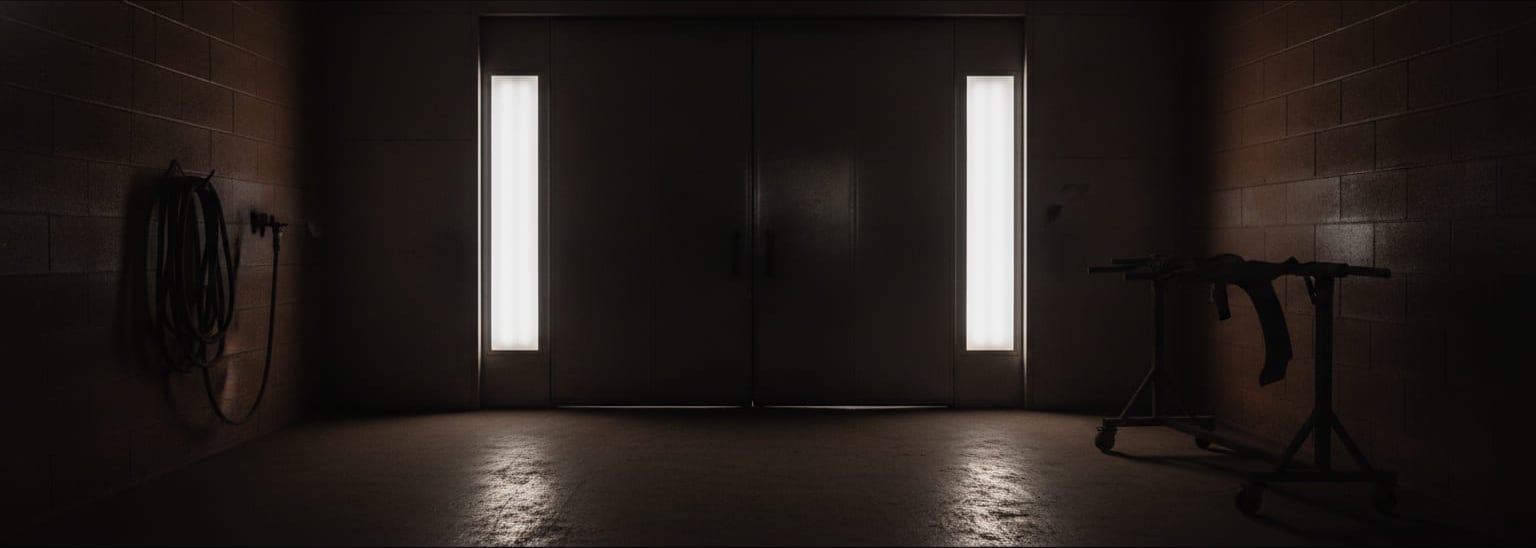 The closed steel doors of a paint booth in a dark shop, cold white light escaping through two narrow door windows and pooling on the concrete floor.