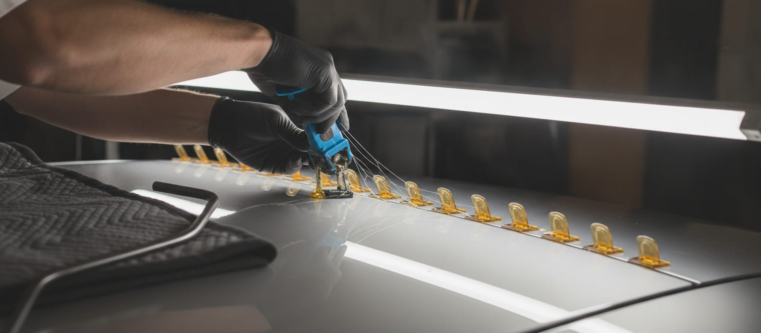 Gloved hands working a mini-lifter along a row of amber glue tabs bonded to the dented roof panel of a silver car, under a long striped reflector board that shows every dent.