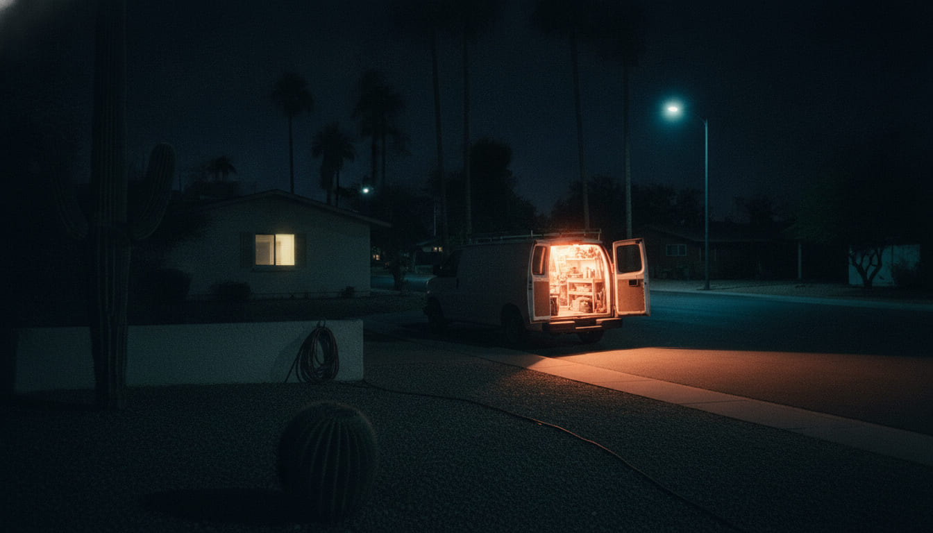 A service van parked at the kerb on a residential Phoenix street at night, rear doors open and the interior work lamp throwing a warm pool of light onto the asphalt.