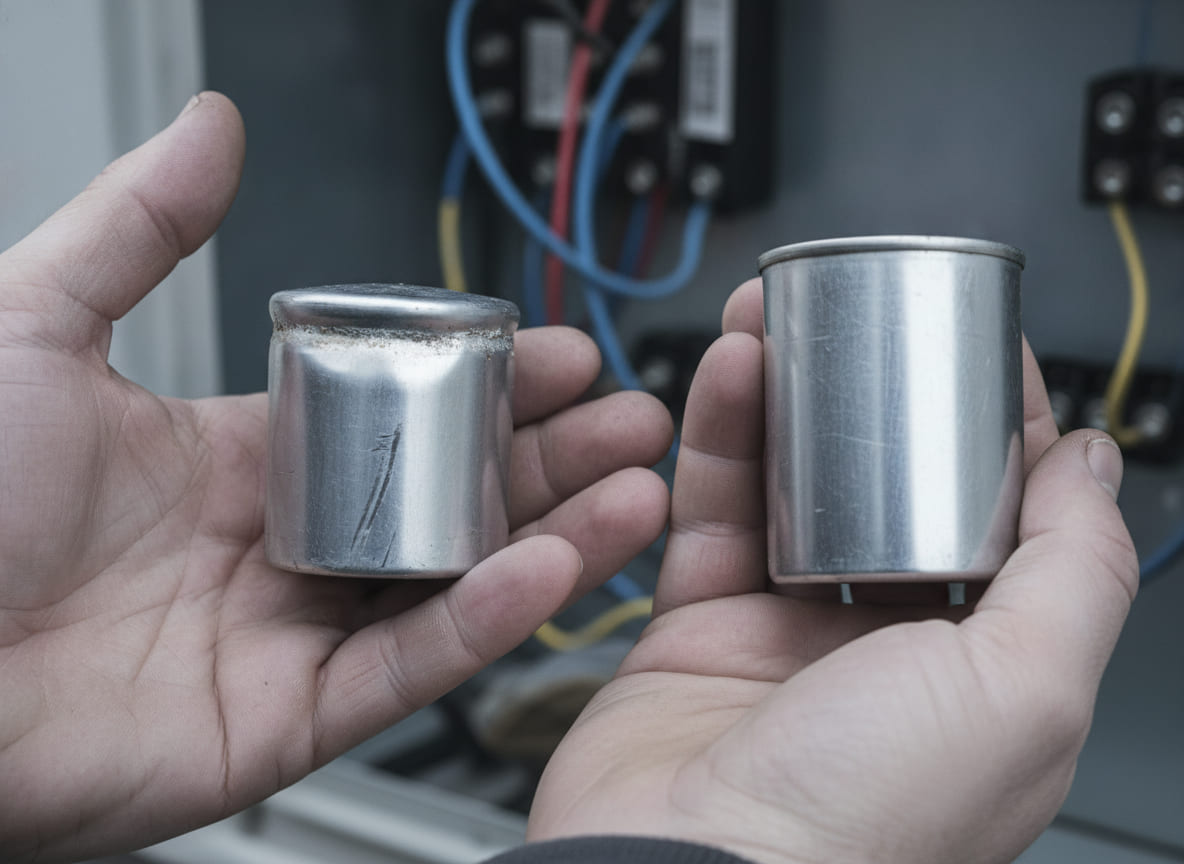 A failed run capacitor with its top domed and split, held next to the new one that replaced it.