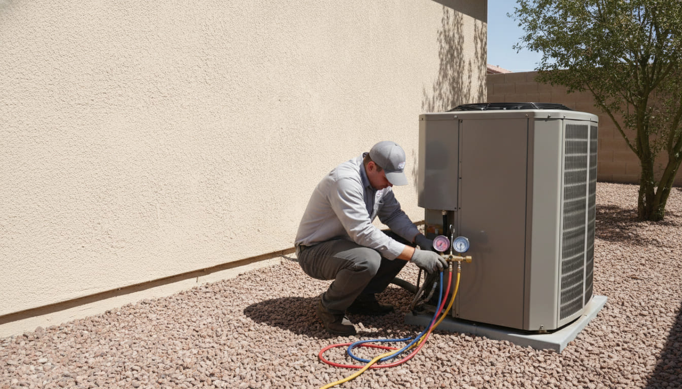 A technician crouched at a residential air conditioning condenser in the side yard of a Phoenix house, manifold gauges hooked to the service valves, desert gravel underfoot and a stucco wall in full midday sun.