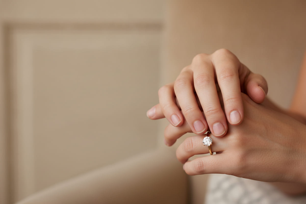 A hand wearing a solitaire diamond engagement ring in a slim setting, resting over the other hand, photographed close and softly lit.