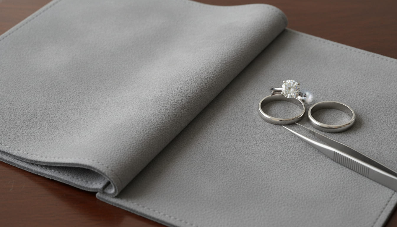 A grey suede presentation pad on a dark polished table, holding a solitaire diamond engagement ring and its matching plain band side by side, with fine steel tweezers beside them.