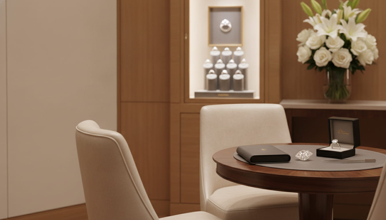 A private consultation corner in a jewellery salon: a small round table of dark wood with two pale upholstered chairs and a lit display cabinet behind.