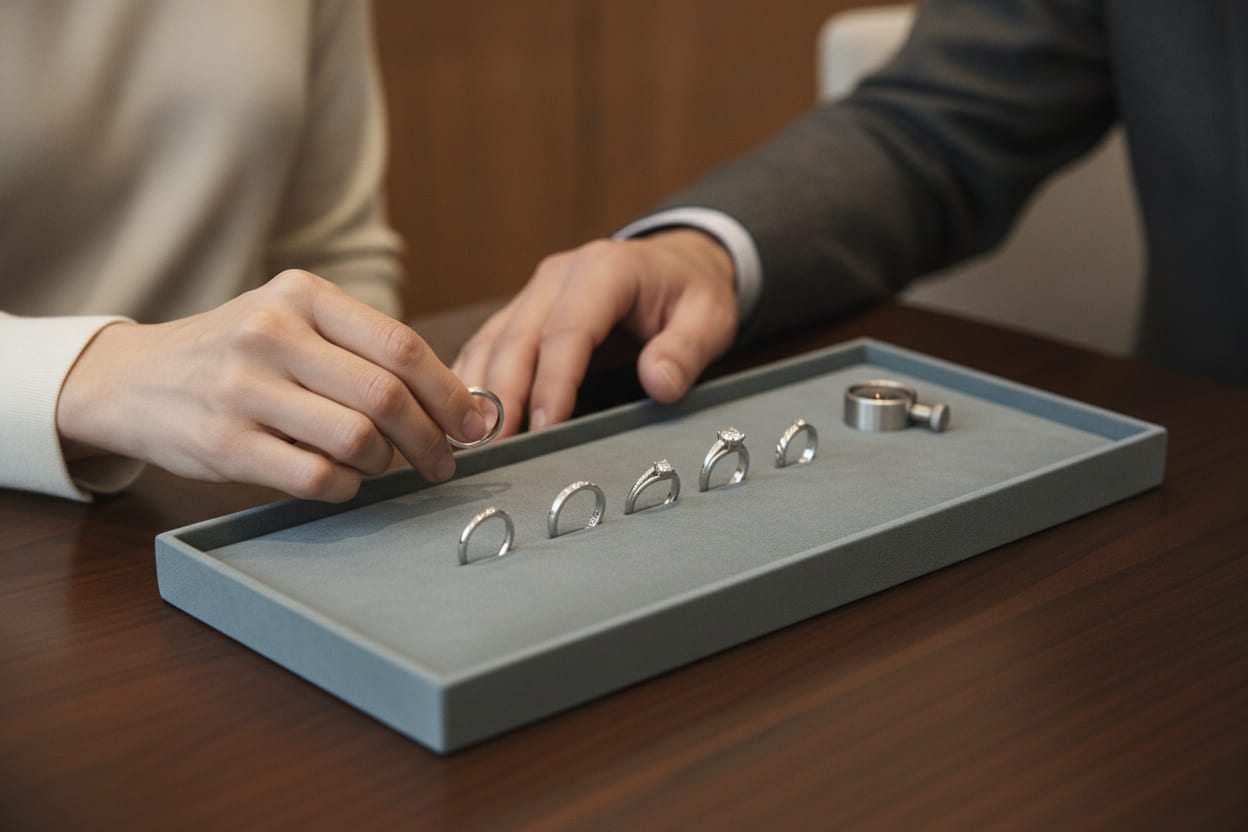 Two people's hands over a suede tray of rings on a polished table: one lifts a ring between two fingers while the other rests at the edge of the tray.
