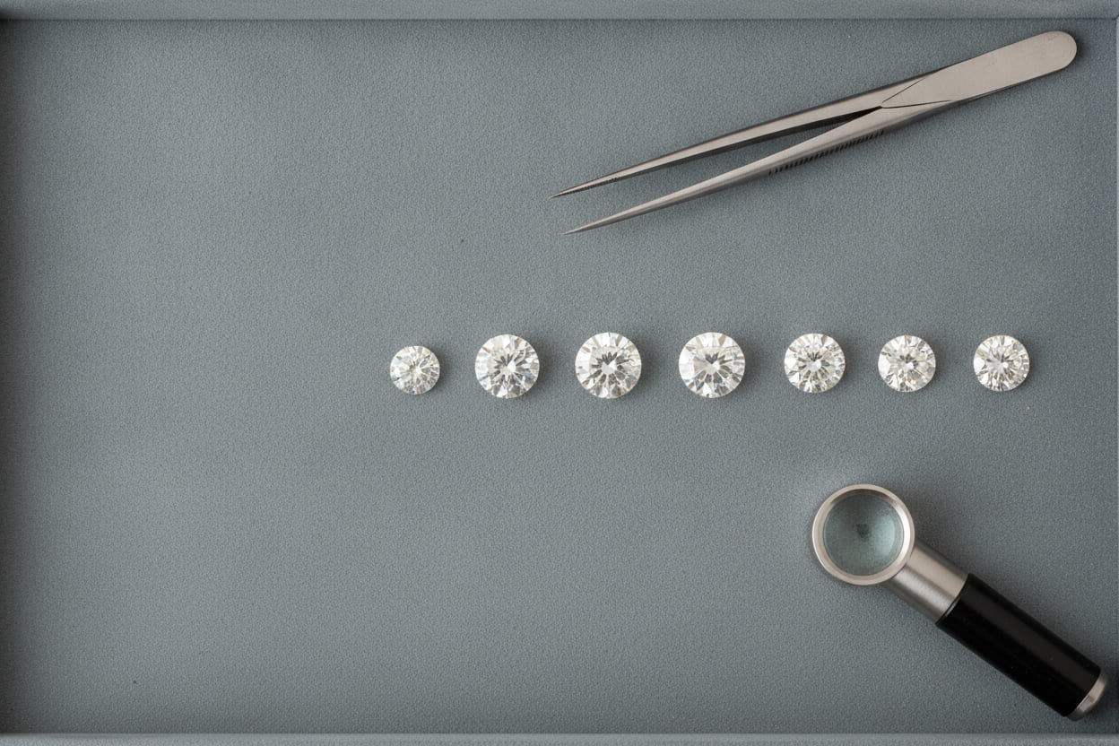 Overhead view of a jeweller's grey suede tray holding seven loose round diamonds of slightly different sizes, with fine steel tweezers laid across it.