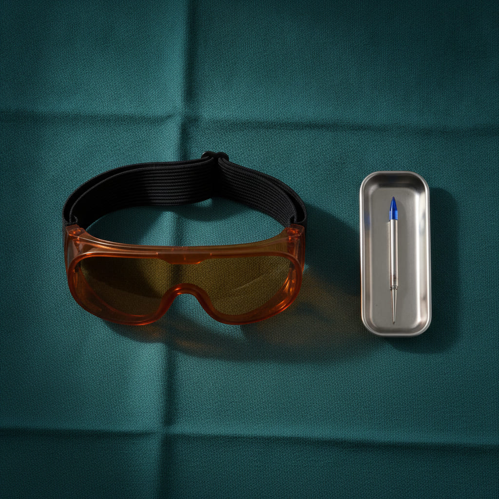 Overhead still life: amber-lensed laser safety goggles with a thick strap lying on a folded petrol-green surgical drape, beside a stainless tray holding a fine-tipped surgical skin marker.