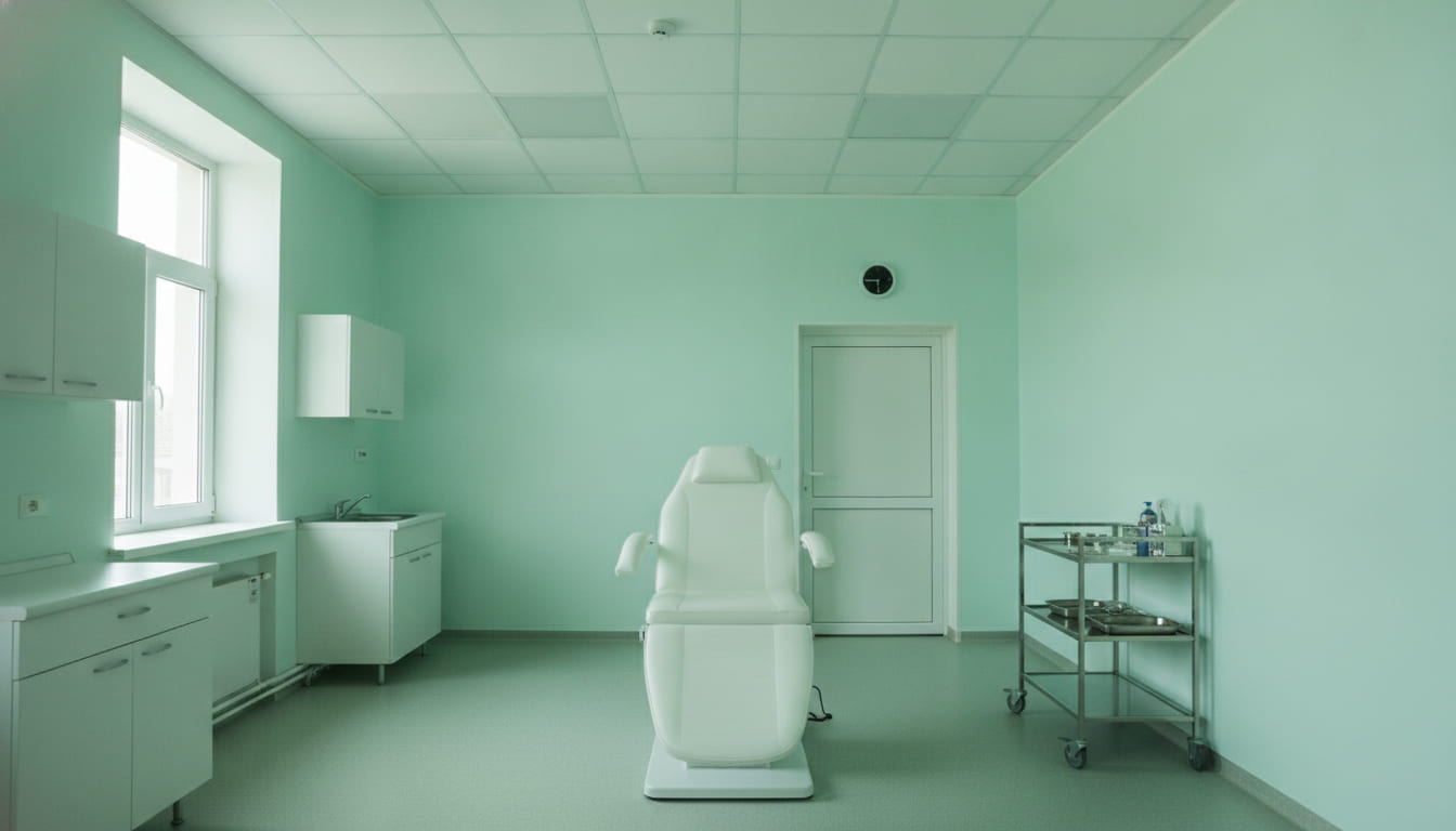 A consultation room with the overhead lights fully on: pale mint walls, an empty upright treatment chair, an instrument cart against the wall and daylight from a window on the left.
