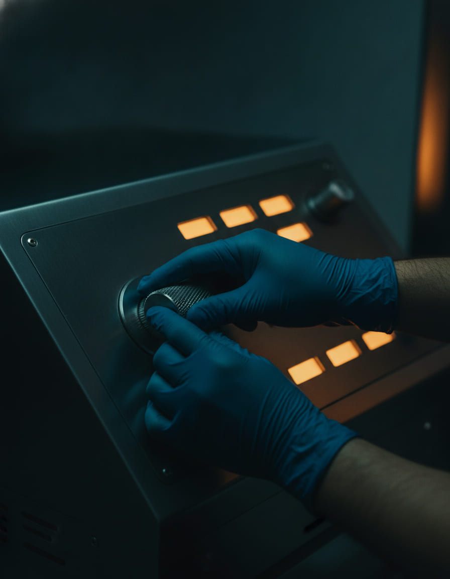 Gloved hands turning a knurled dial on the control panel of a laser console, lit only by the amber readouts of the panel itself.