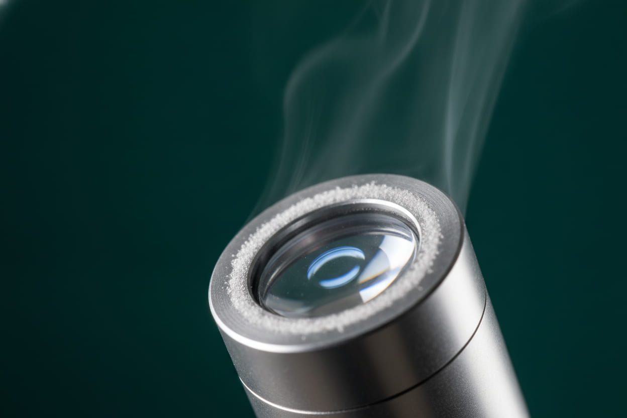Extreme close-up of the tip of a laser handpiece: a circular sapphire cooling window ringed with cryogen frost, a thin plume of cold vapour lifting off the metal collar.
