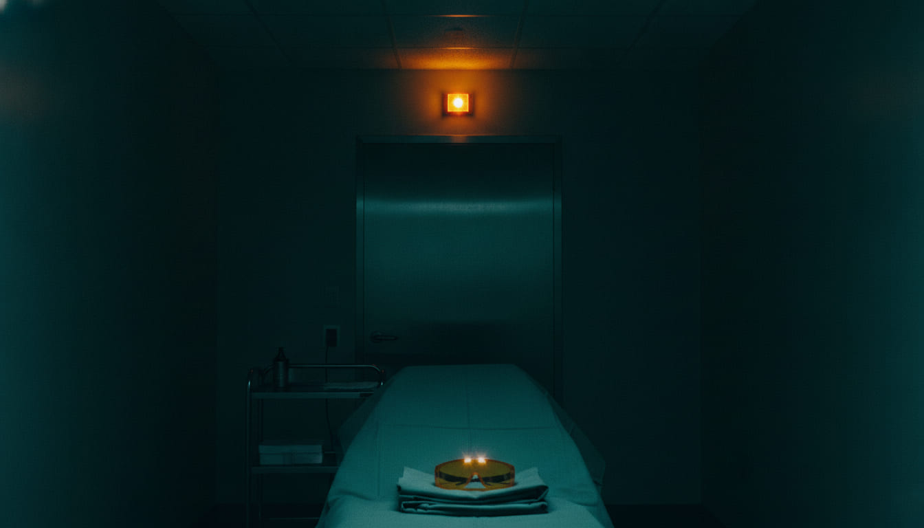 A treatment room with the overhead lights switched off. Deep petrol-green fills the frame; a small amber interlock lamp burns above the closed door at the far end, and a pair of amber laser goggles rests on the folded drape of the treatment chair.