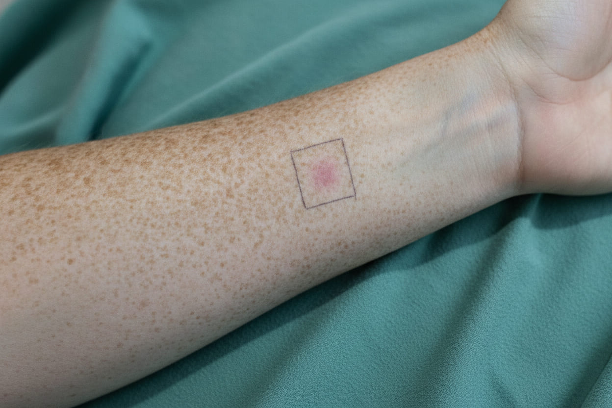 The inside of a freckled, sun-weathered forearm resting on a petrol-green drape, with a small square outlined in fine surgical marker and a faint transient pinkness inside it.