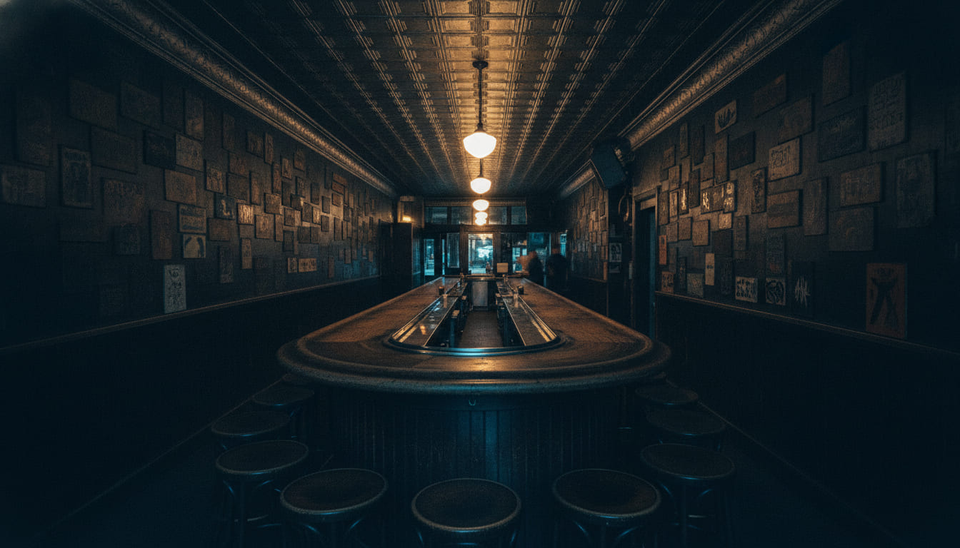 The long horseshoe shucking bar at night under a single pendant, pressed-tin ceiling, walls covered in small signs.