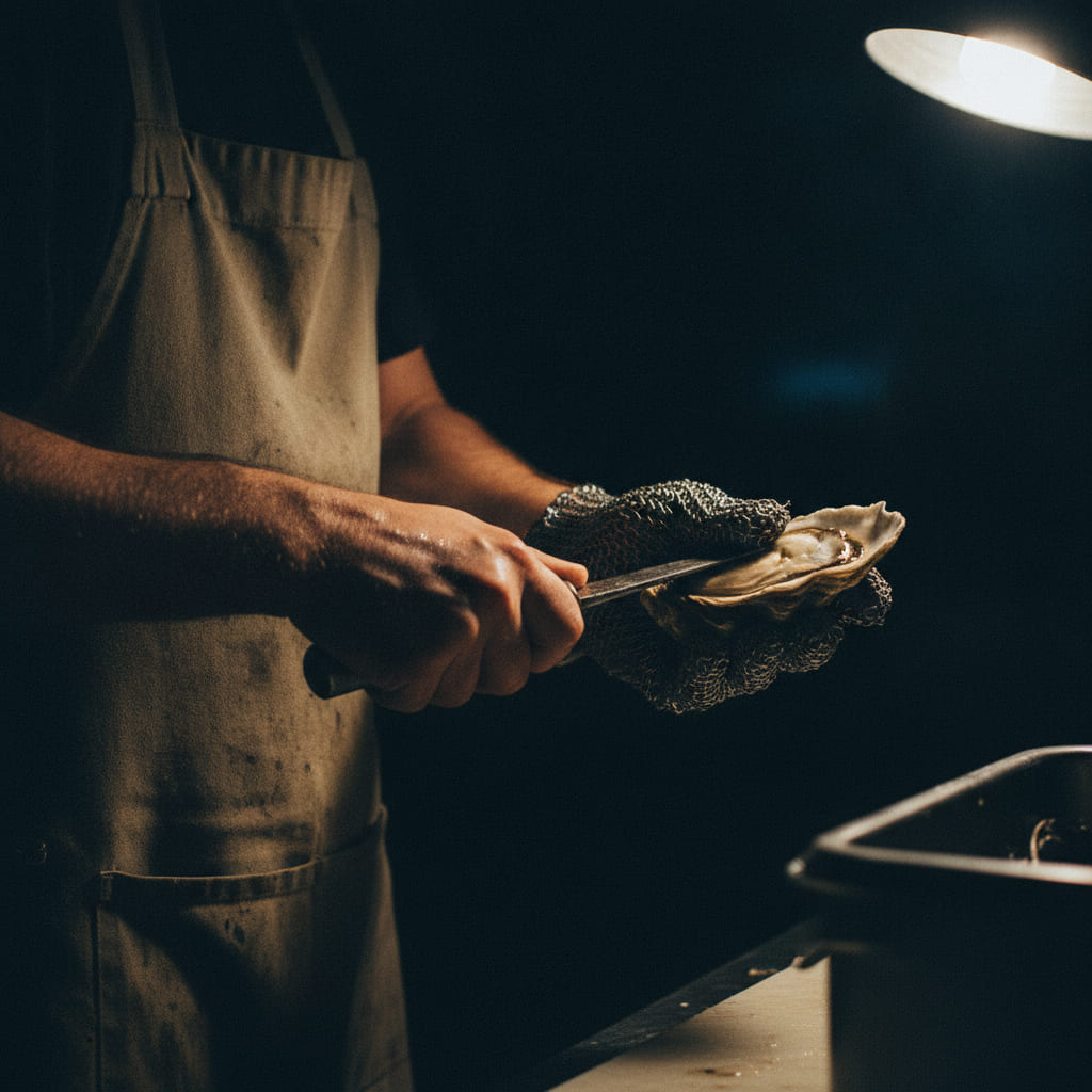 A shucker in a canvas apron and a stainless chainmail glove drives a knife into the hinge of an oyster under a work lamp.