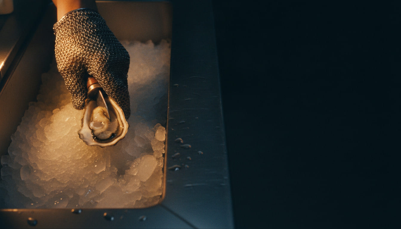 A gloved hand drives a short oyster knife into the hinge of a deep-cupped oyster over a steel trough of crushed ice.