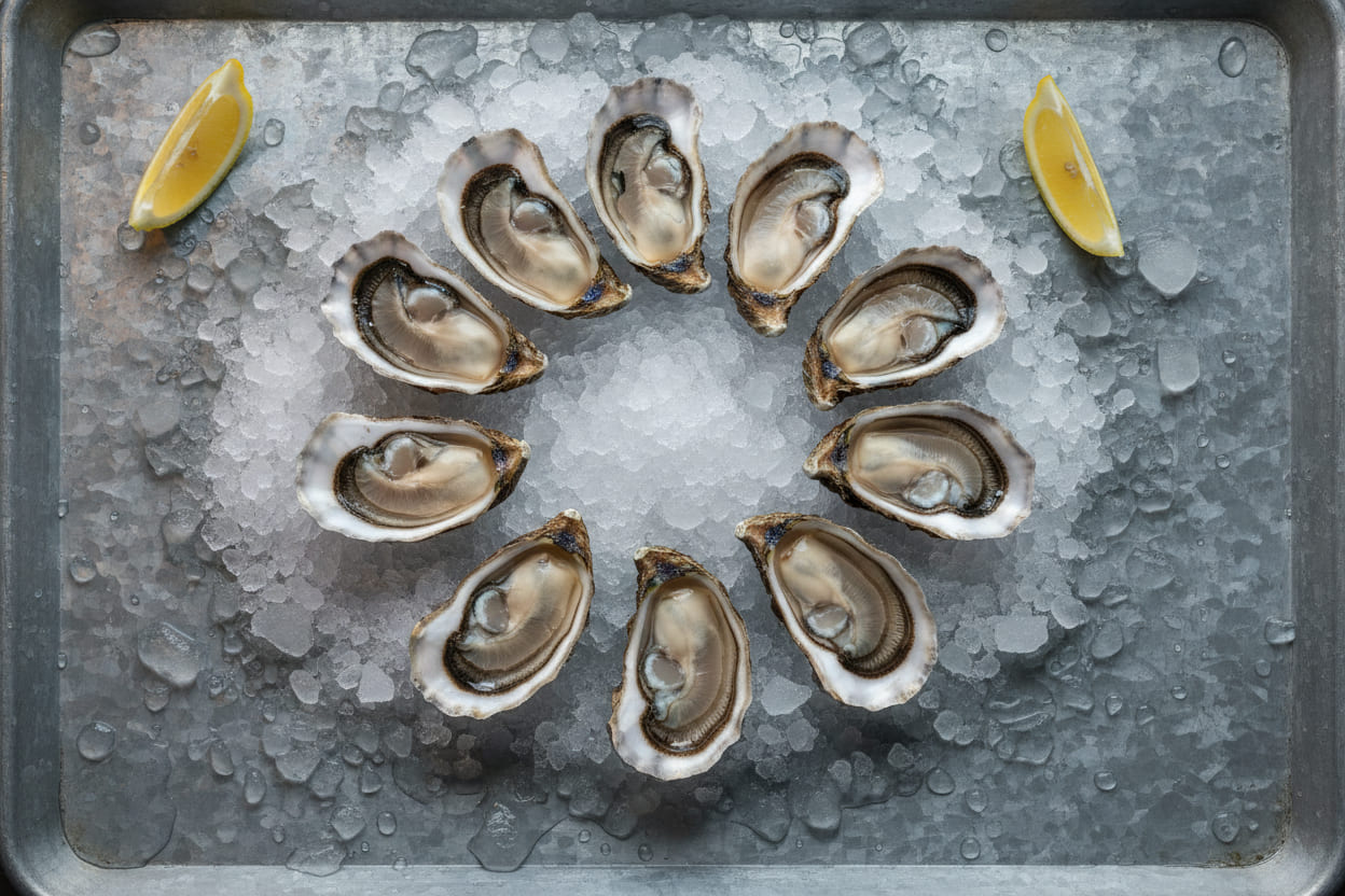 Ten Gulf oysters on the half shell laid out on crushed ice in a galvanized tray, with two lemon wedges.