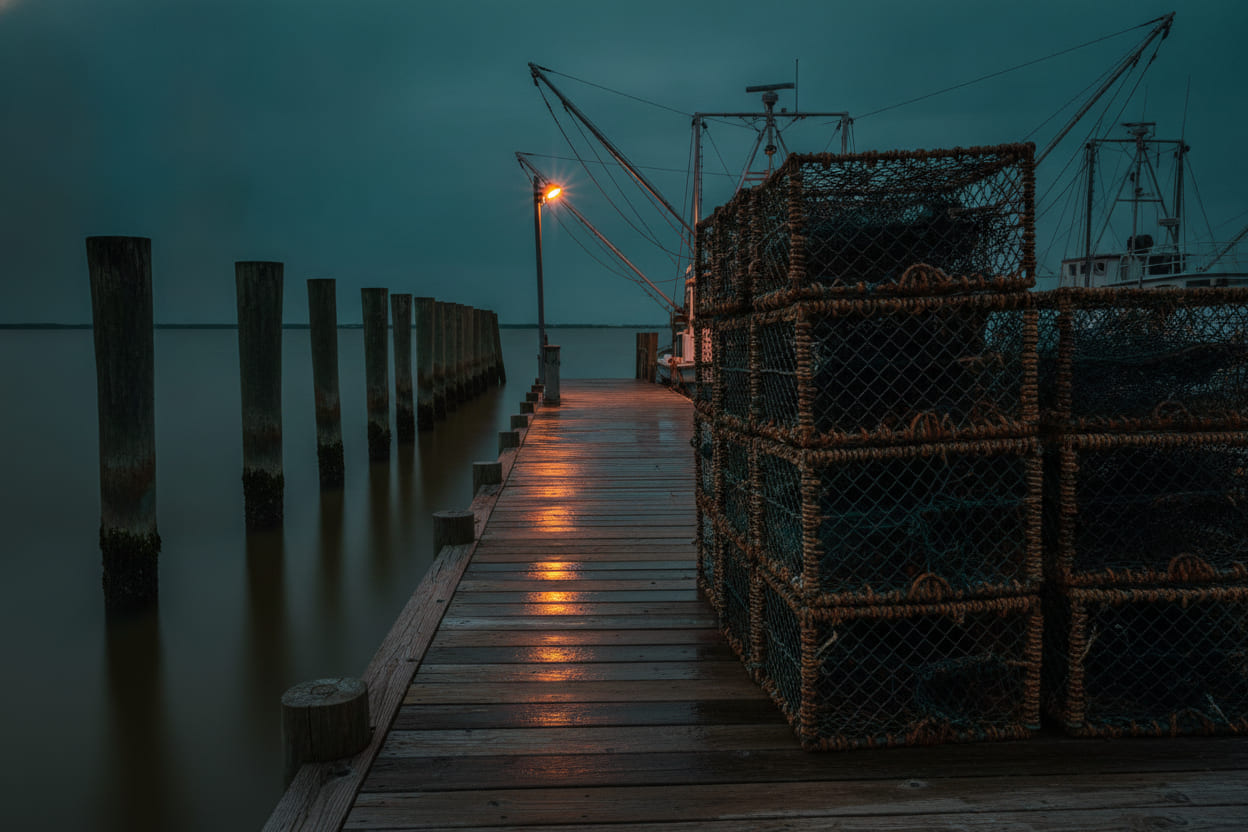 A working seafood dock at blue hour: wet planking, stacked oyster cages, a line of pilings and a trawler at the far end.