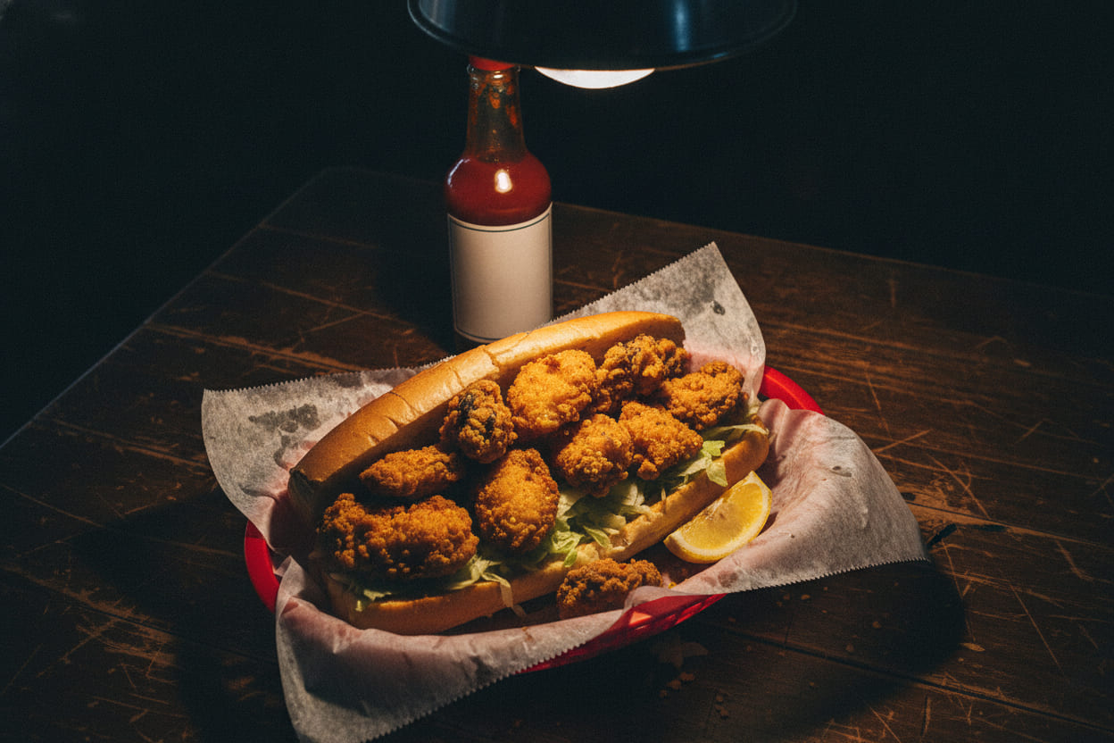 A fried oyster po'boy on butcher paper in a red basket, with a lemon wedge and a bottle of hot sauce behind it.