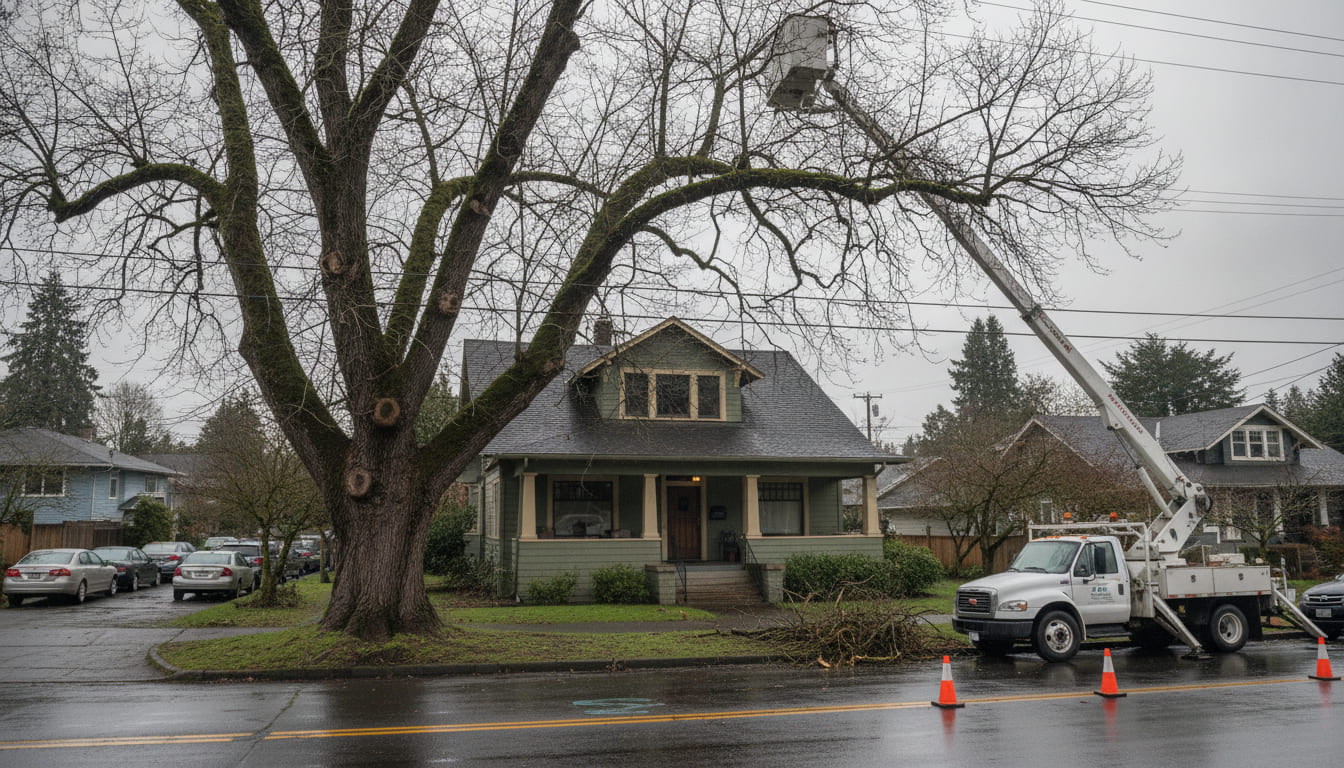 A residential Portland street in winter: a large bare street tree growing out of the strip between curb and sidewalk, power lines running through its crown, a craftsman house behind it, and a bucket truck at the right with its boom raised into the canopy.