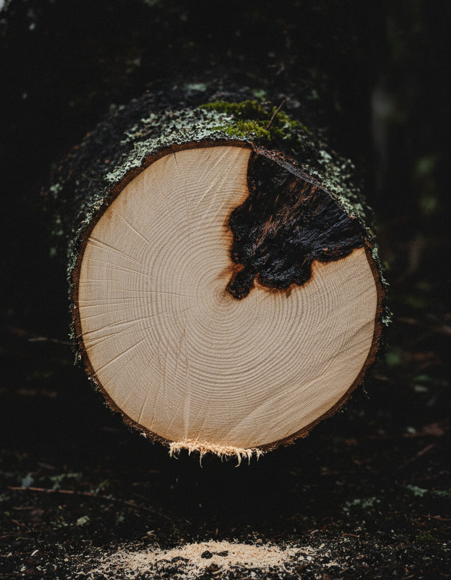 The freshly sawn end of a large elm limb: pale cream sapwood with growth rings and chainsaw kerf marks, and a black fibrous decay column taking about a quarter of the face, off-centre toward the upper right.