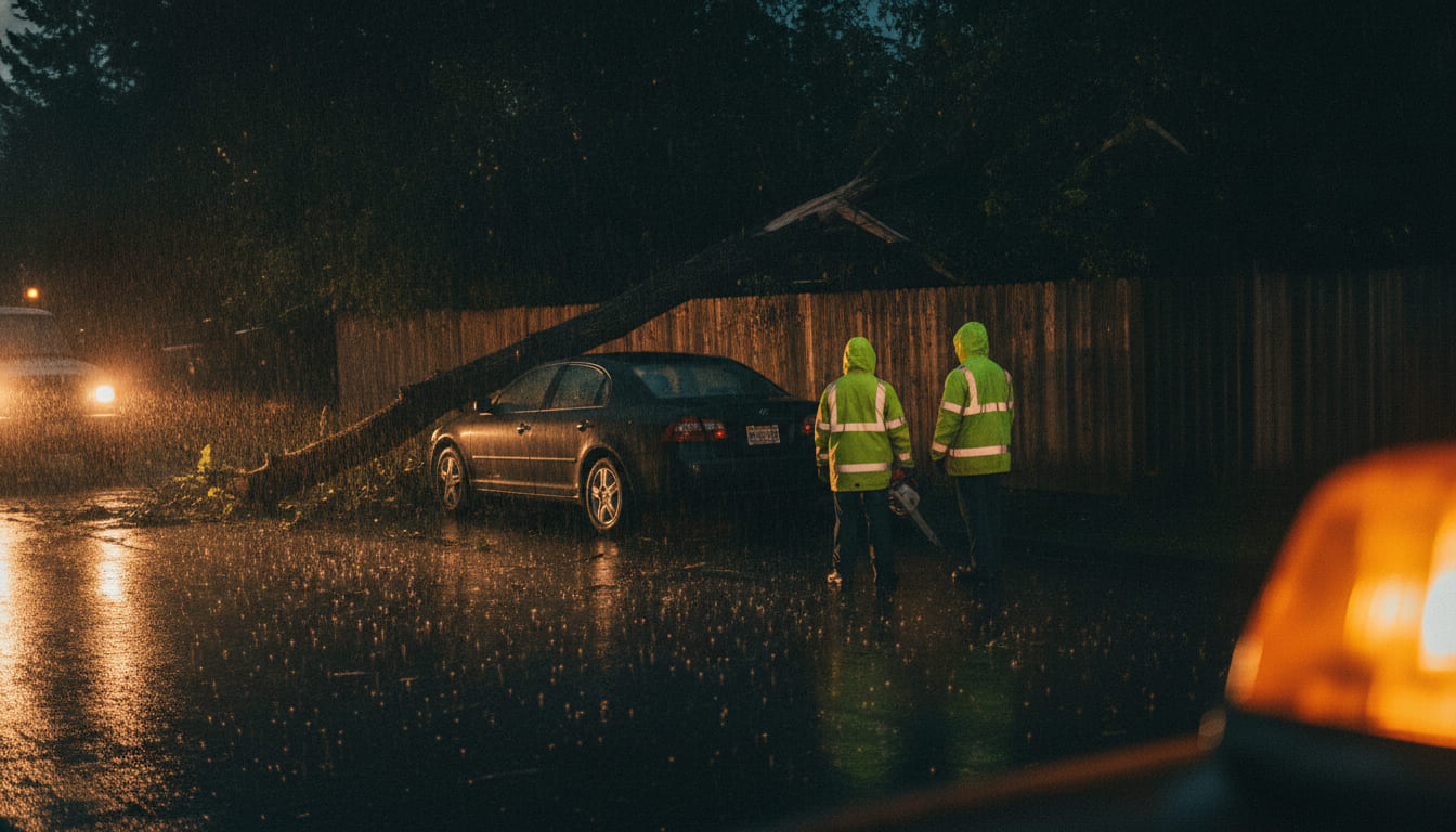 Night, heavy rain: a fallen limb across a fence and the back of a parked car, two crew in hi-vis rain jackets seen from behind, an amber beacon burning at the edge of frame.