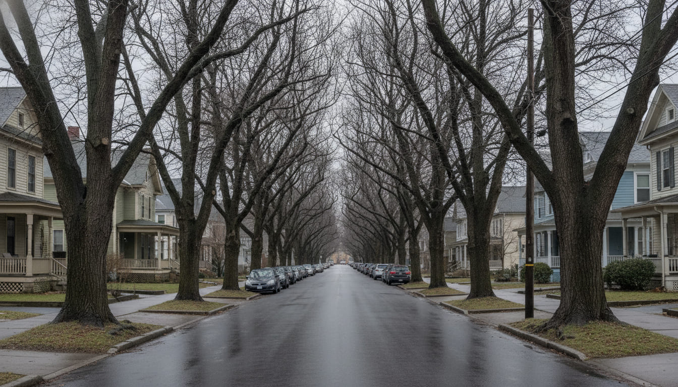 A residential street seen straight down the middle of the road: two rows of big bare street trees in the strip between curb and sidewalk, their crowns meeting overhead, wooden porches and parked cars along both sides.