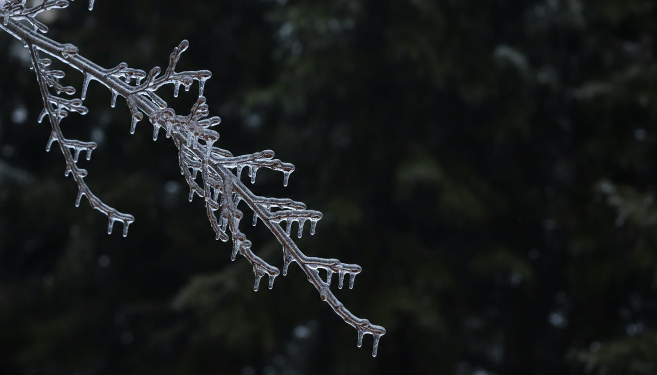 A bare branch fully sheathed in clear ice, icicles hanging from every twig, the branch visibly bending under the load.
