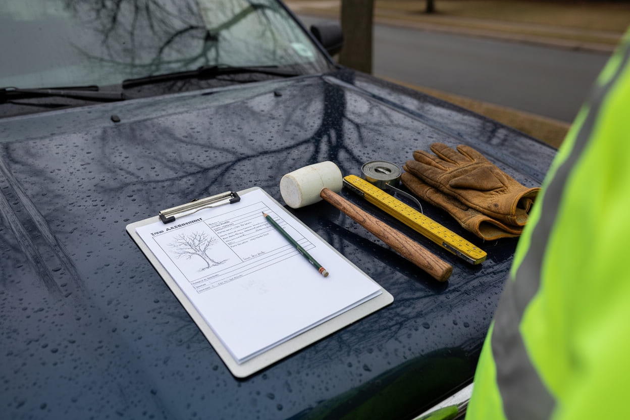 A written tree assessment on an aluminium clipboard lying on the wet hood of a pickup truck, with a rubber sounding mallet, a diameter tape, a folding rule and a pair of leather work gloves beside it.
