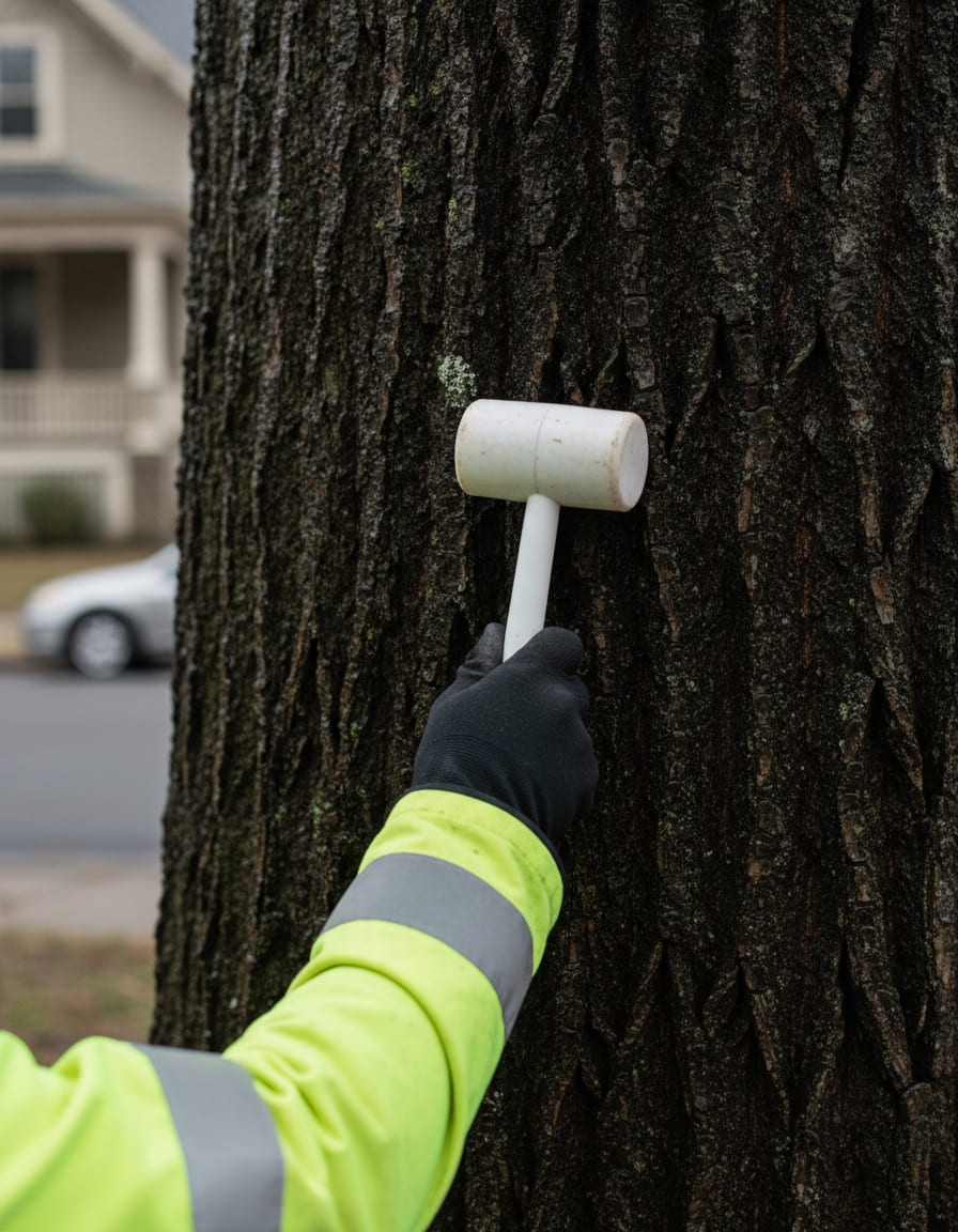 A gloved hand holds a white rubber sounding mallet against the wet fissured bark of a street tree; the arm wears a hi-vis sleeve, and a house porch and a parked car sit out of focus behind the trunk.