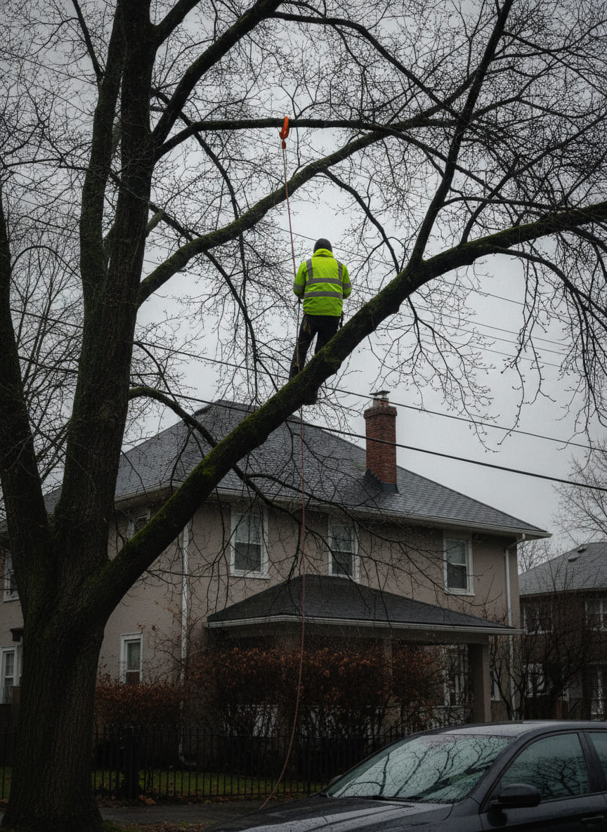 Seen from the sidewalk, a climber in a hi-vis jacket works on a rope thirty feet up a bare street tree, with the roof, chimney and windows of a two-storey house and a run of power lines behind him.