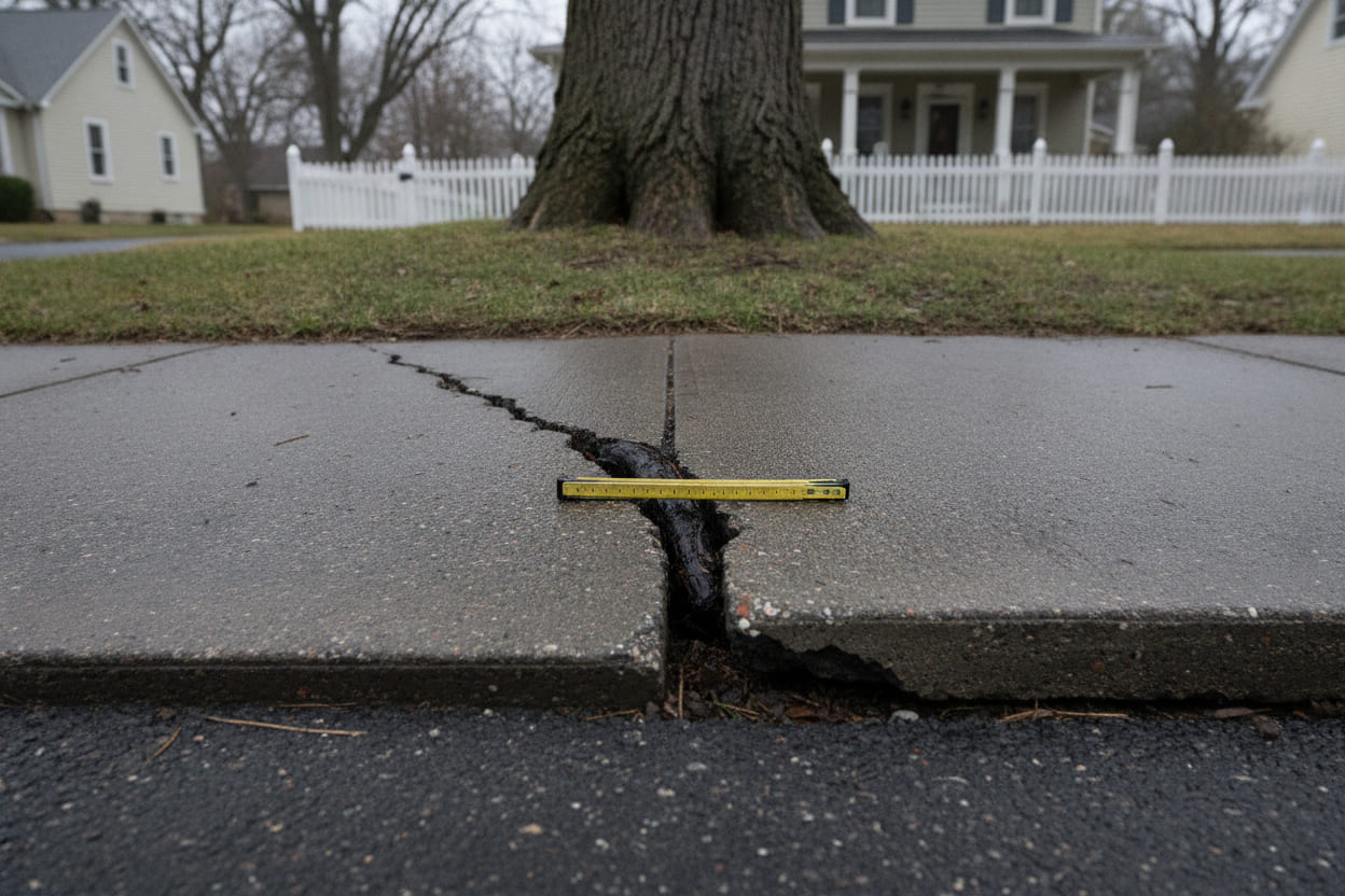 A concrete sidewalk slab lifted and cracked by a buttress root that has broken through the seam, with a folding rule laid across the raised edge for scale and a house and picket fence behind.