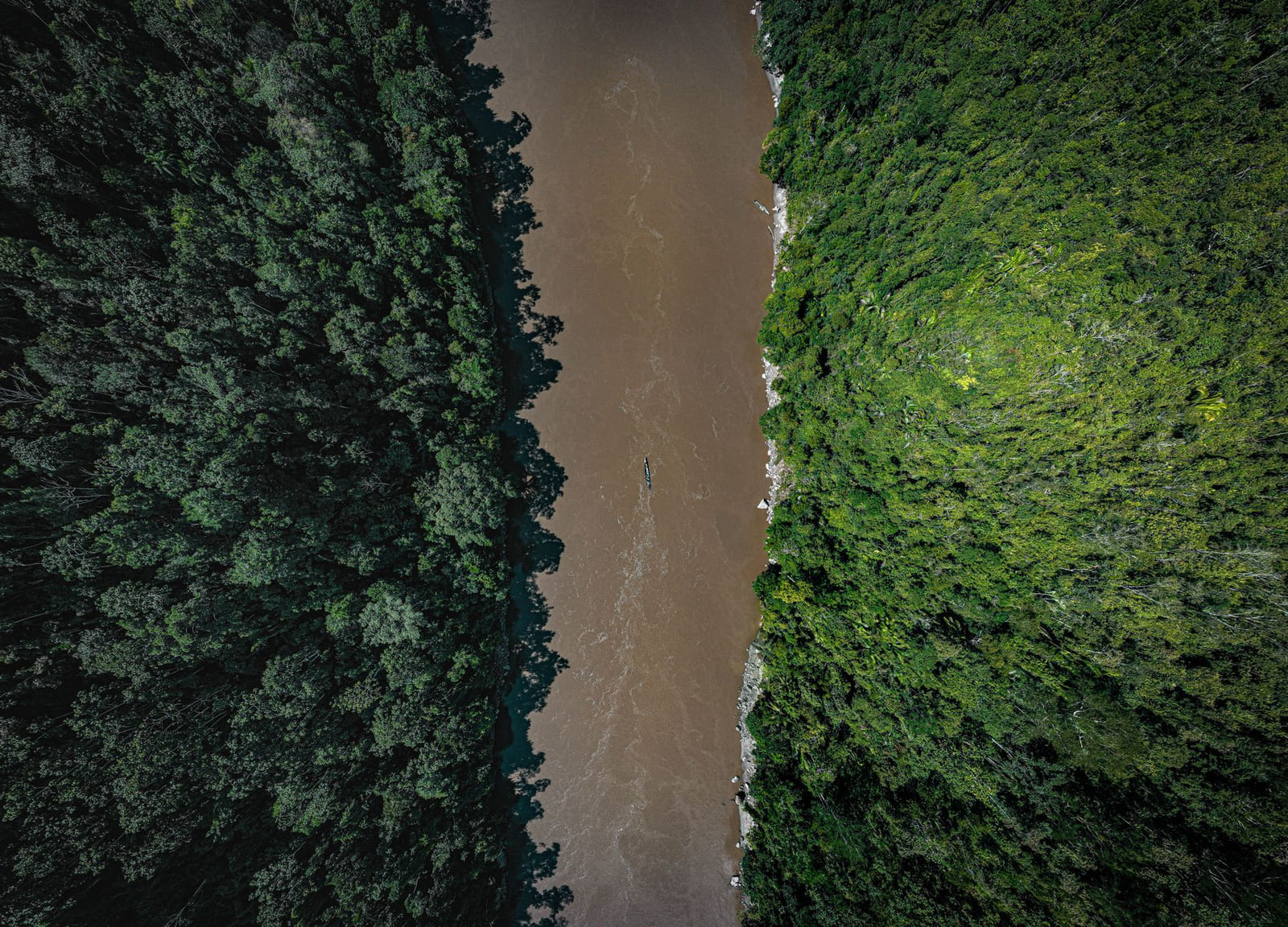 Bird's-eye view of an earth-colored Amazonian river with a tiny canoe between two walls of jungle