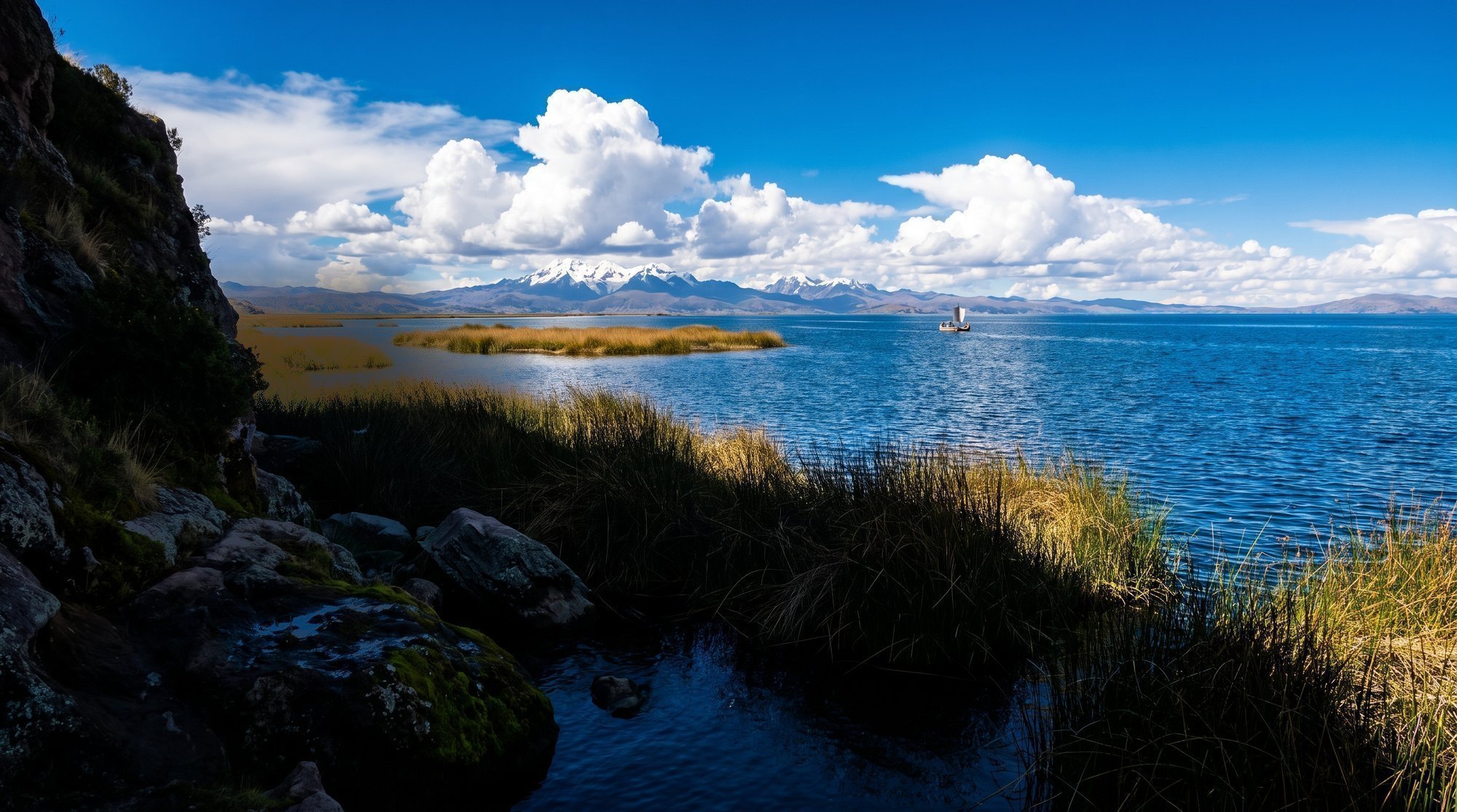 Lake Titicaca from a shaded shore: golden totora reeds, a reed boat, the snow-capped range beyond and a vast cloudscape