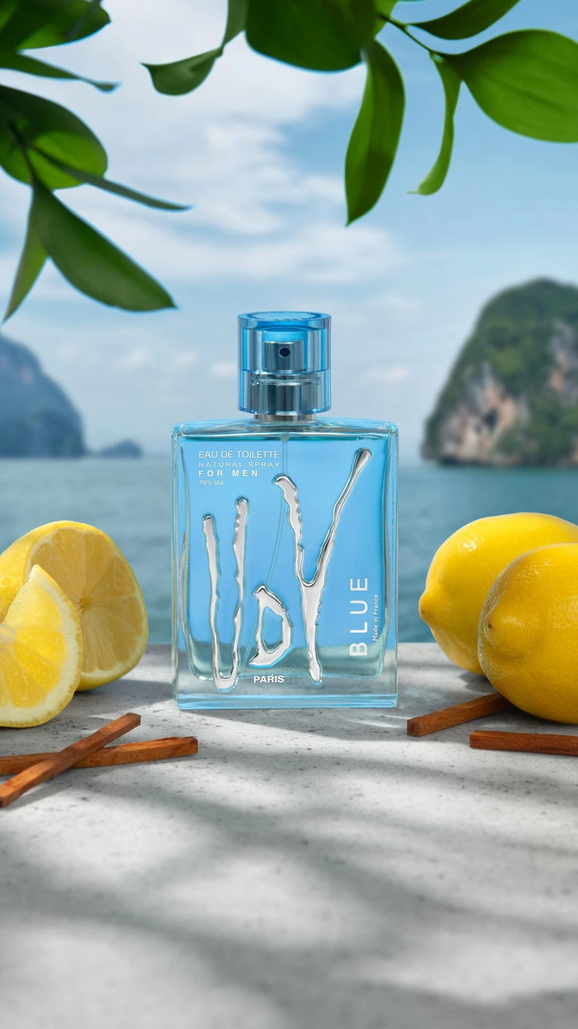 UDV Blue with lemons by a turquoise lagoon