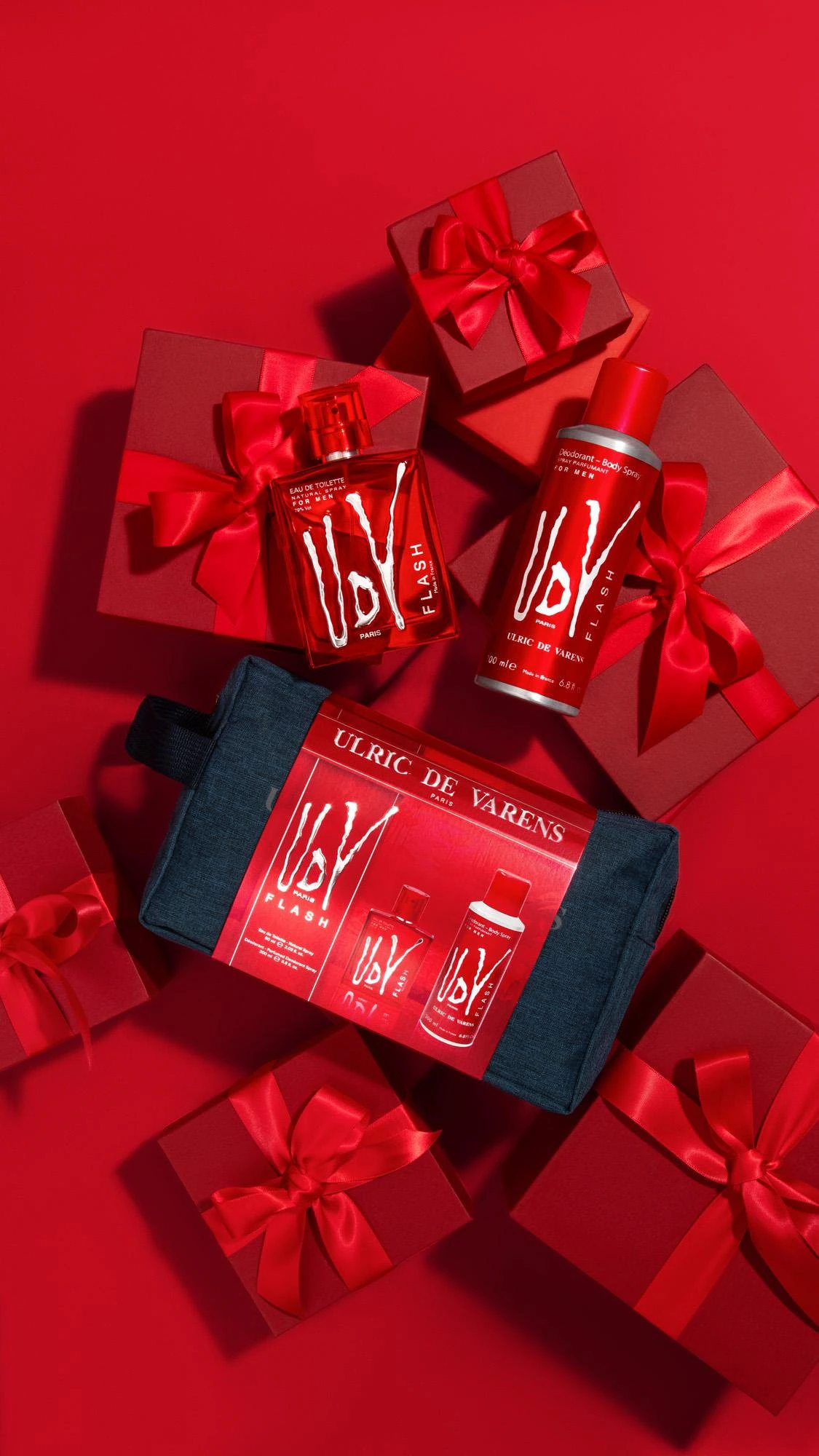 UDV Flash bag set among red gift boxes
