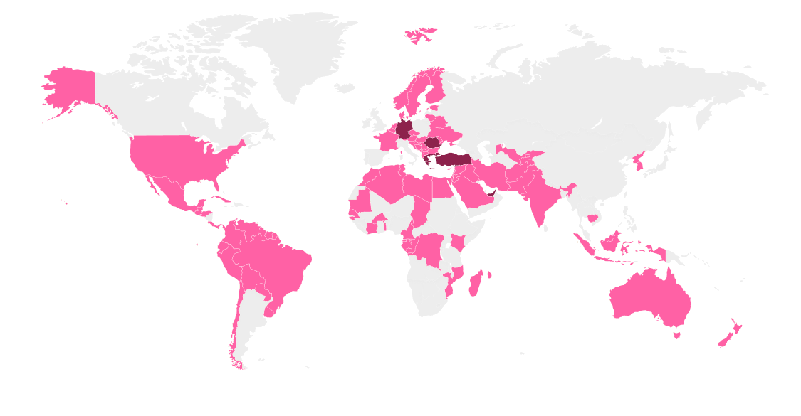 World map highlighting Ulric de Varens distribution network across more than 90 countries, with subsidiaries marked in deep berry